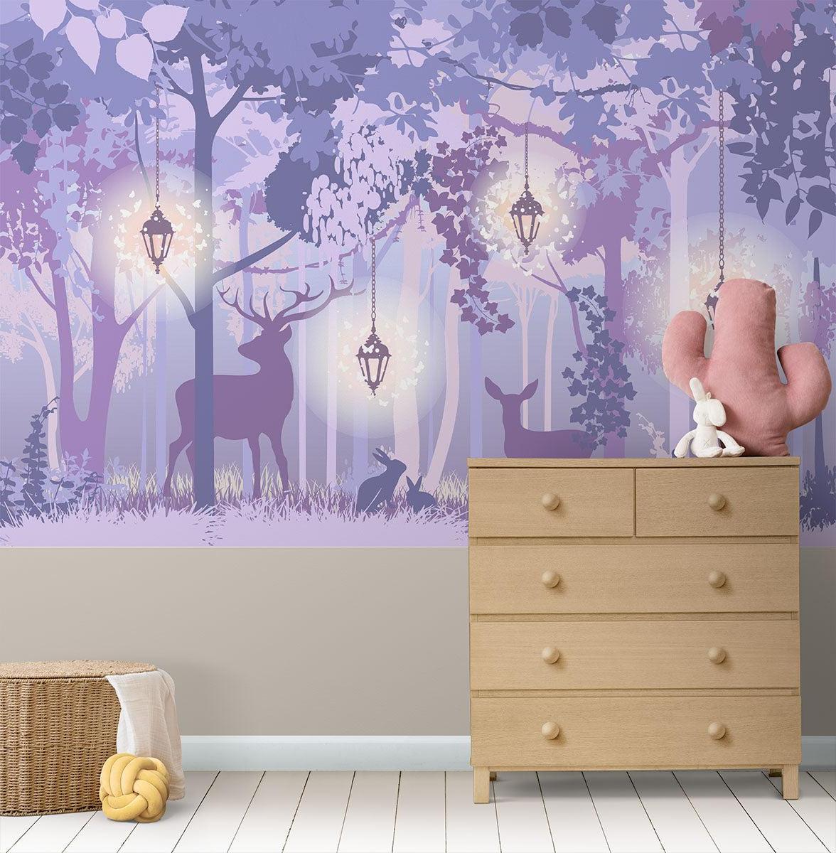 Papier Peint Mural Forêt | Bois Enchanté Violet Avec Lanternes