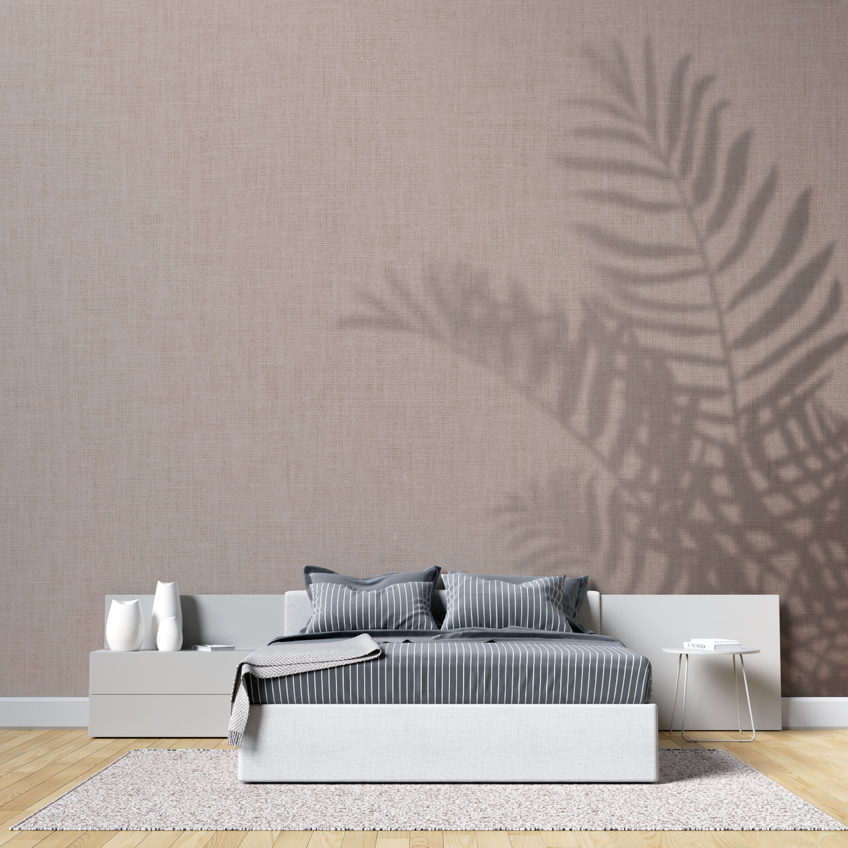 Tropical Shadow Wallpaper bringing warmth to a dining room with wooden furniture