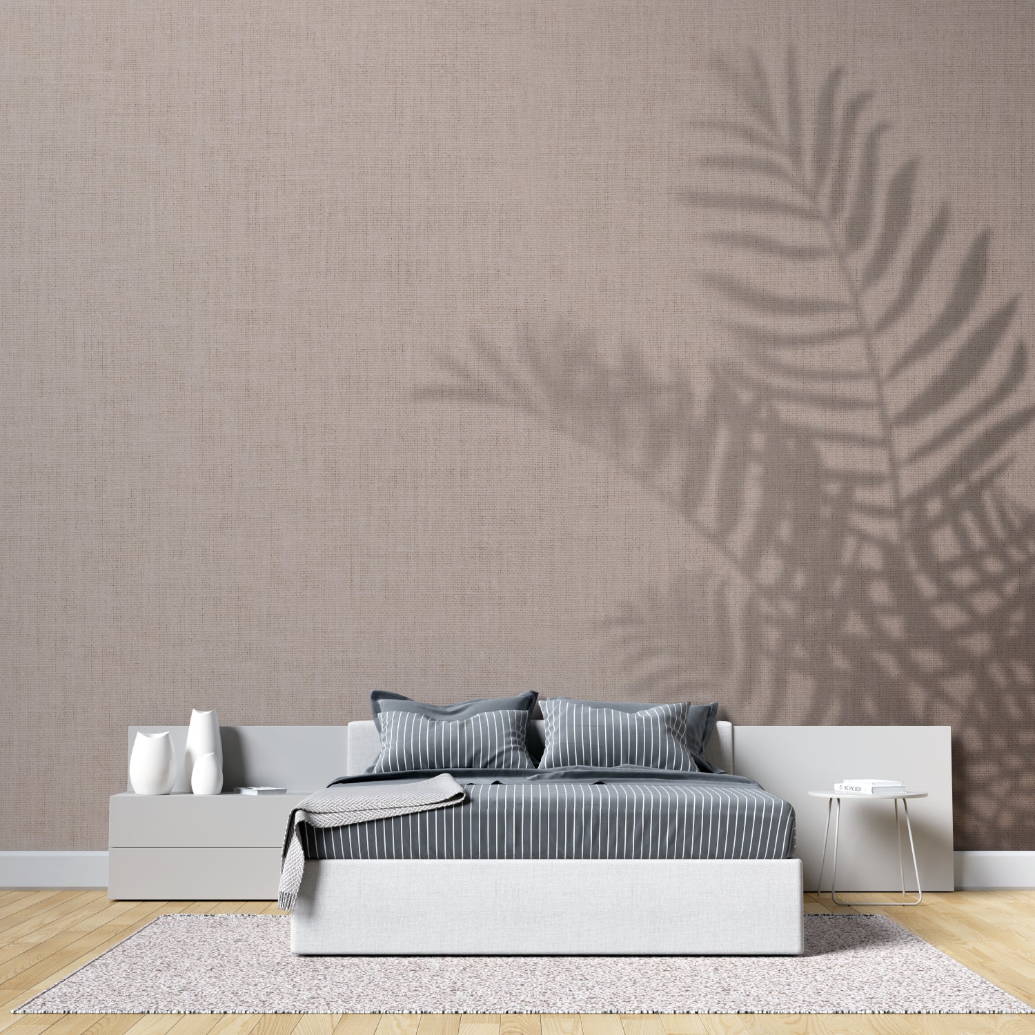Tropical Shadow Wallpaper bringing warmth to a dining room with wooden furniture