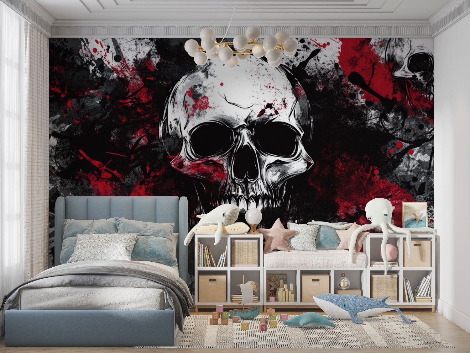 Dramatic skull wallpaper transforming music studio with moody atmosphere