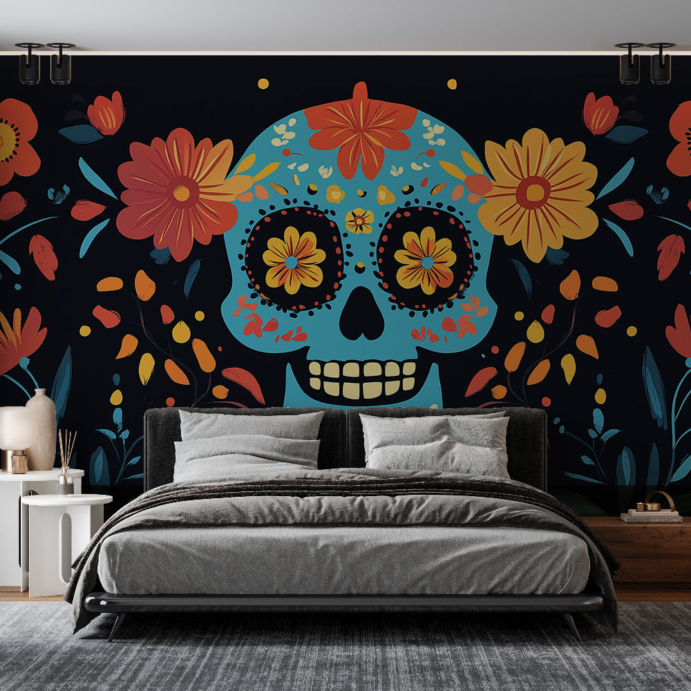 Mexican skull wallpaper with vibrant florals creating a striking atmosphere in a modern dining room setting
