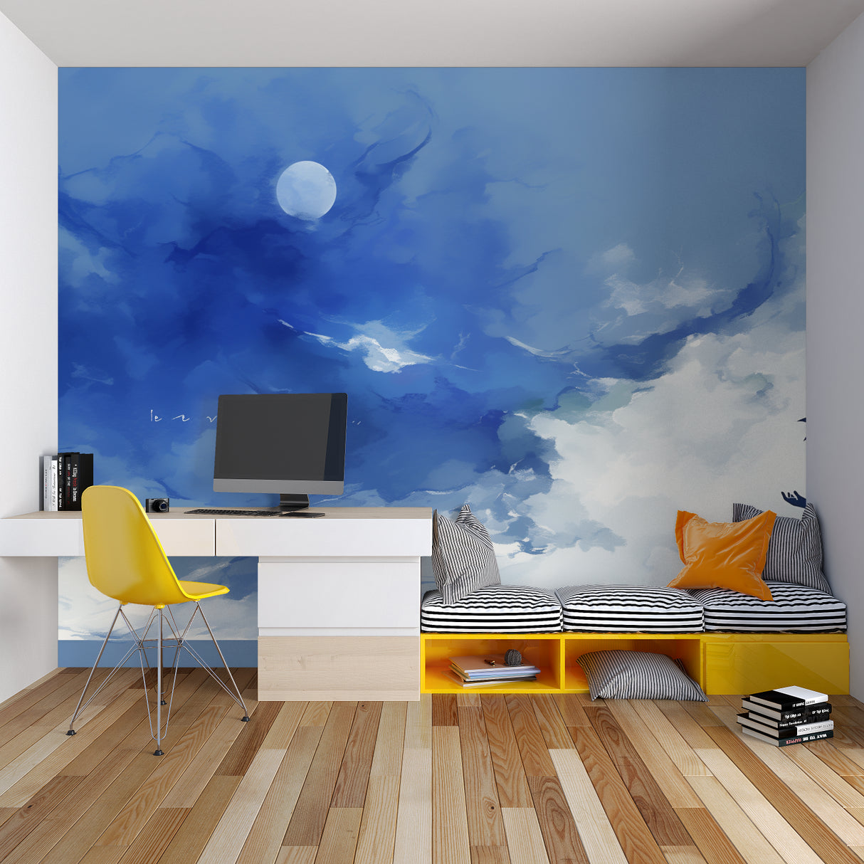 Moon and clouds wallpaper creating a calm atmosphere in a modern bedroom with minimal furniture