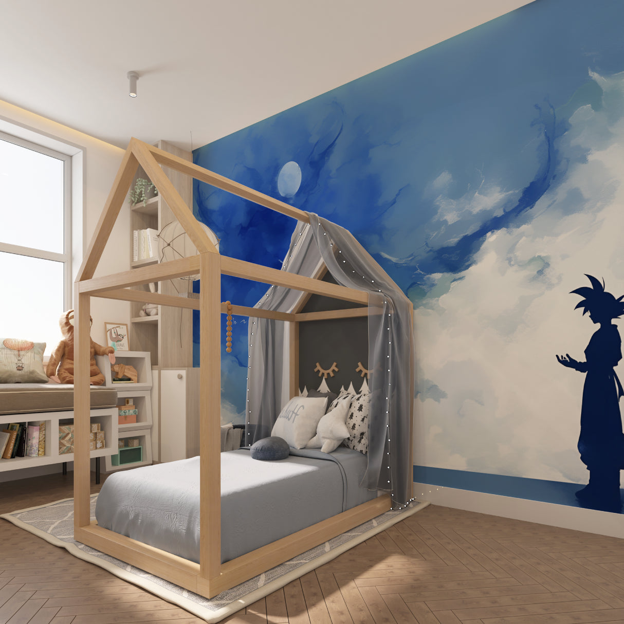 Blue sky mural with moon and clouds brightening a cozy living room space