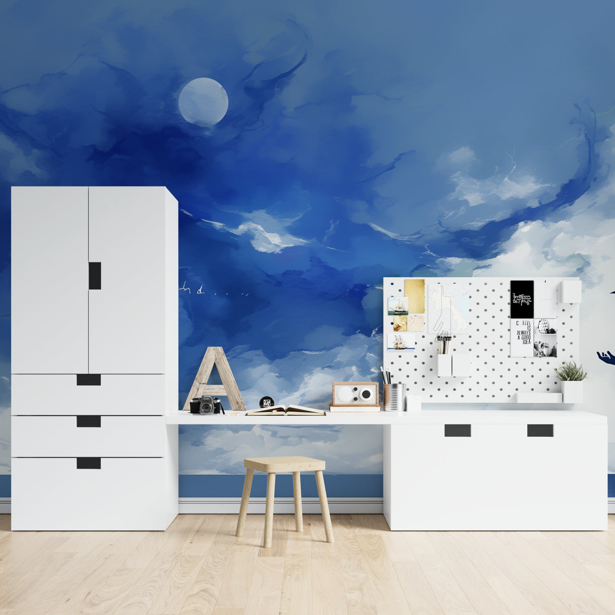 Night sky wallpaper with moon and clouds in a peaceful meditation room