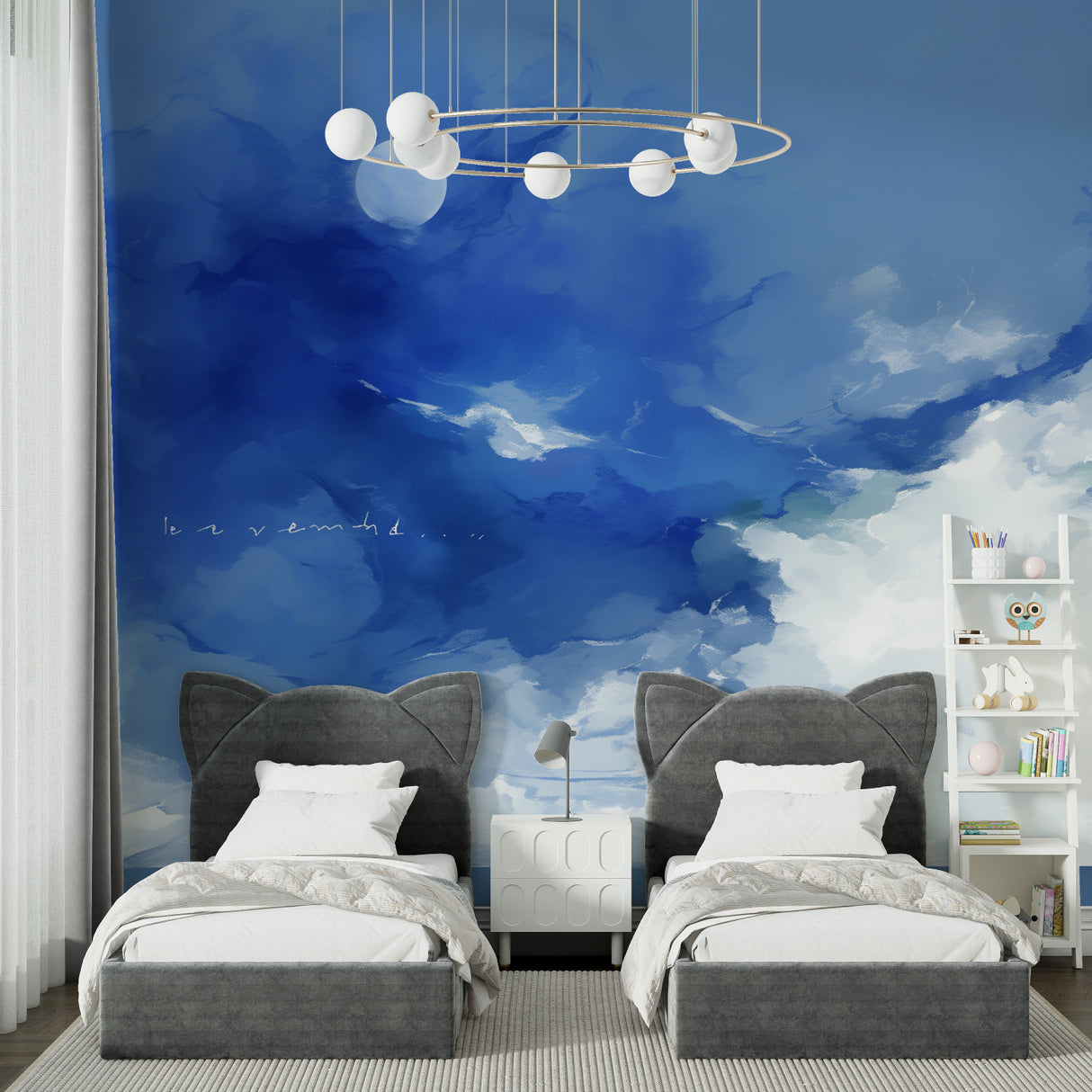 Cloud and moon mural adding depth to a home office ceiling