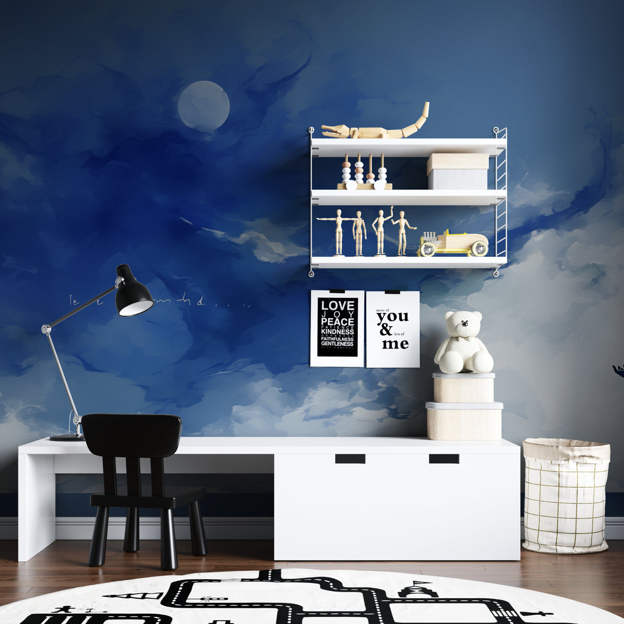 Sky wallpaper transforming a child's bedroom into a dreamy space