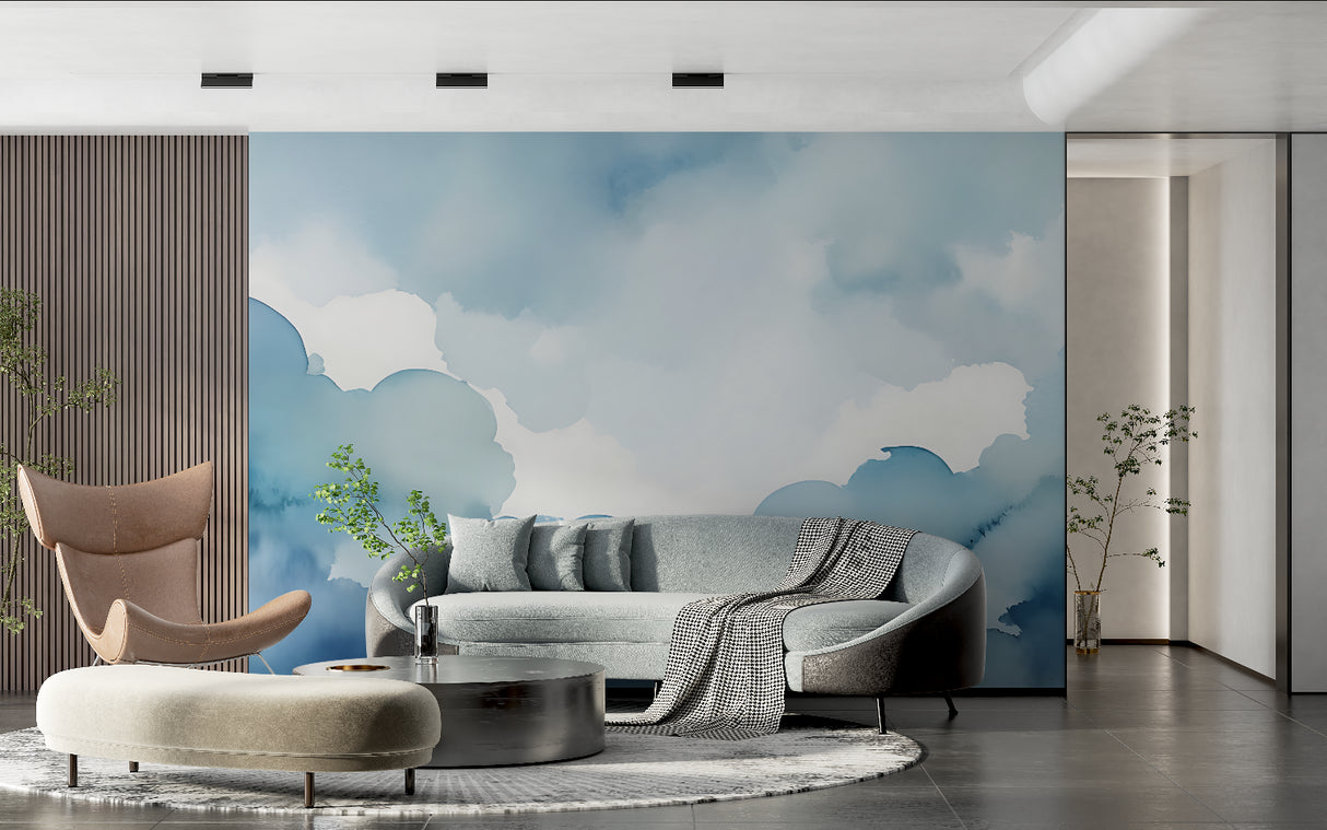 Dreamy cloud wallpaper in modern living room creating an airy, open feel