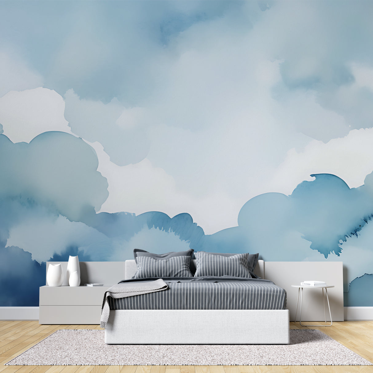 Blue sky mural wallpaper brightening a cozy bedroom space