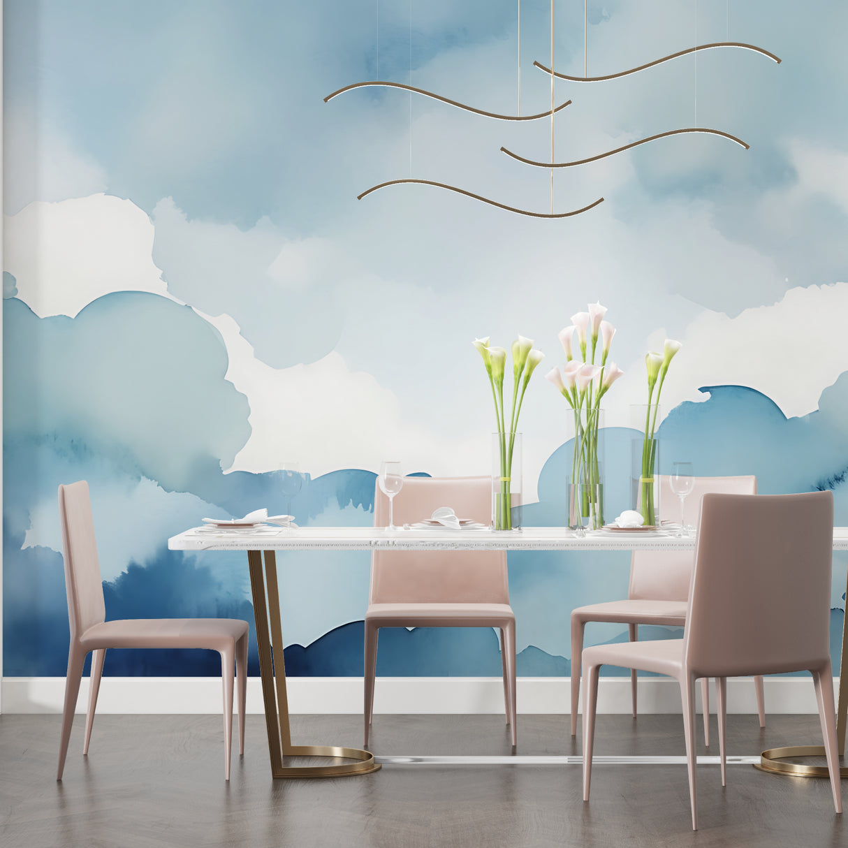 Cloud wall mural adding depth to home office setting