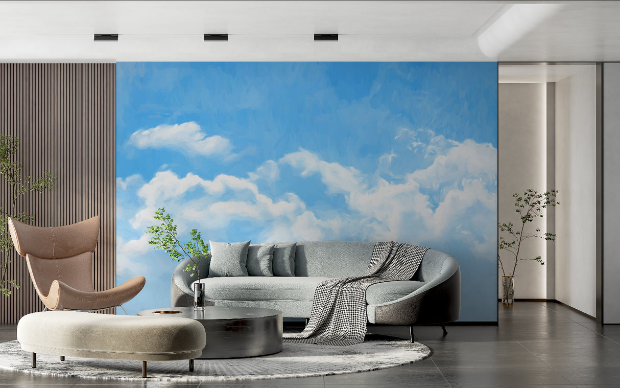 Blue cloud wallpaper mural in modern living room creating bright, open atmosphere