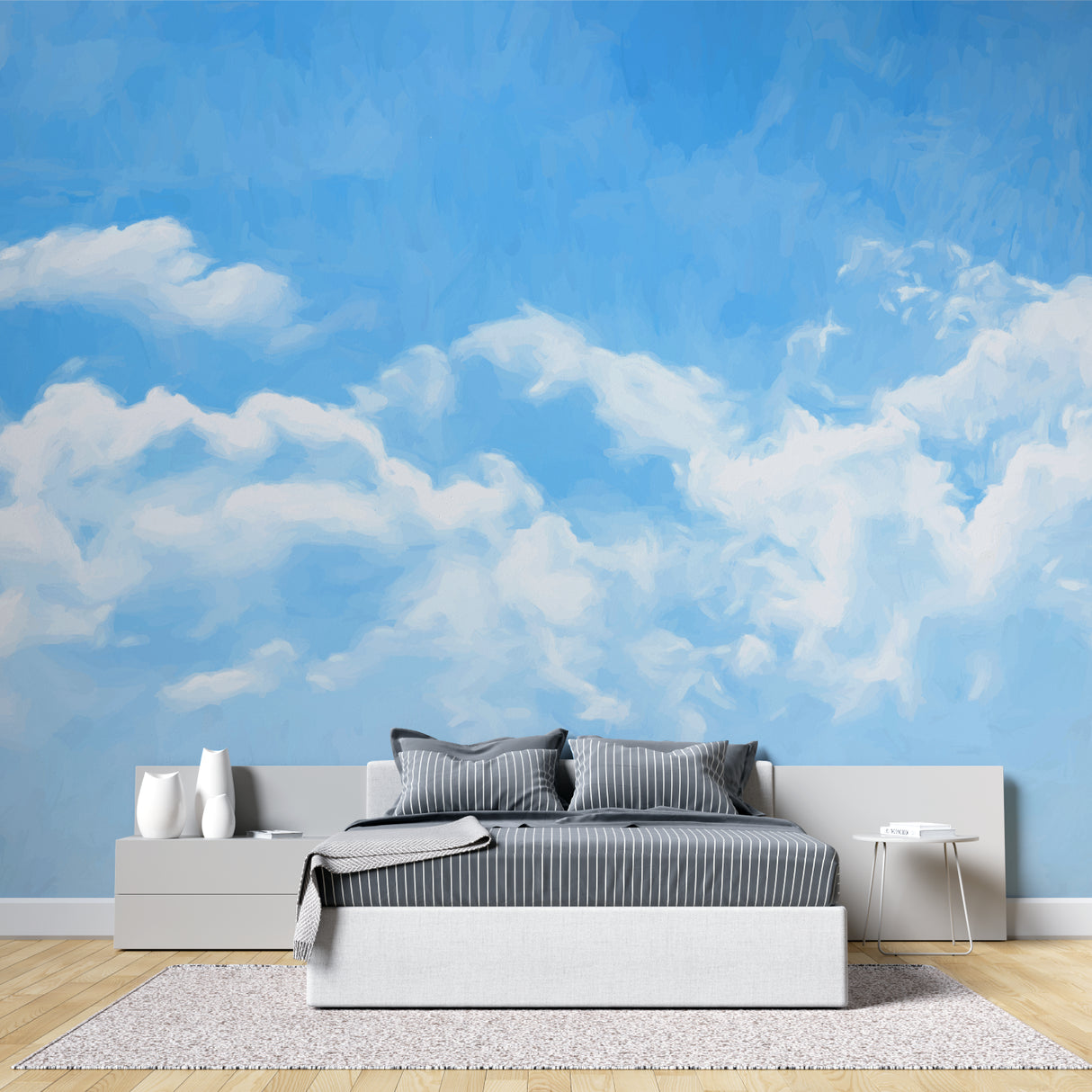 Sky mural wallpaper transforming bedroom with peaceful cloud design