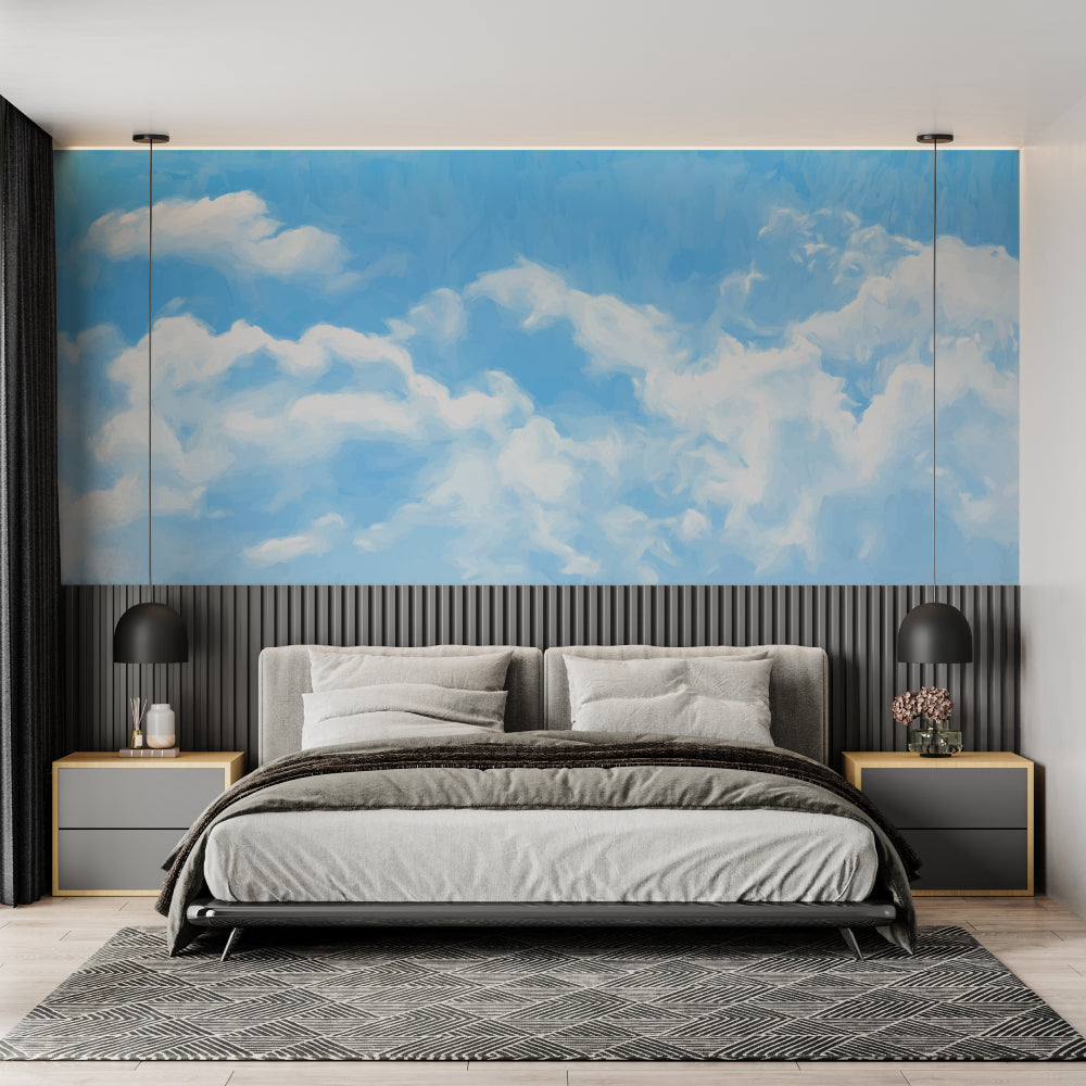 Cloud wall mural in home office showing depth and airiness