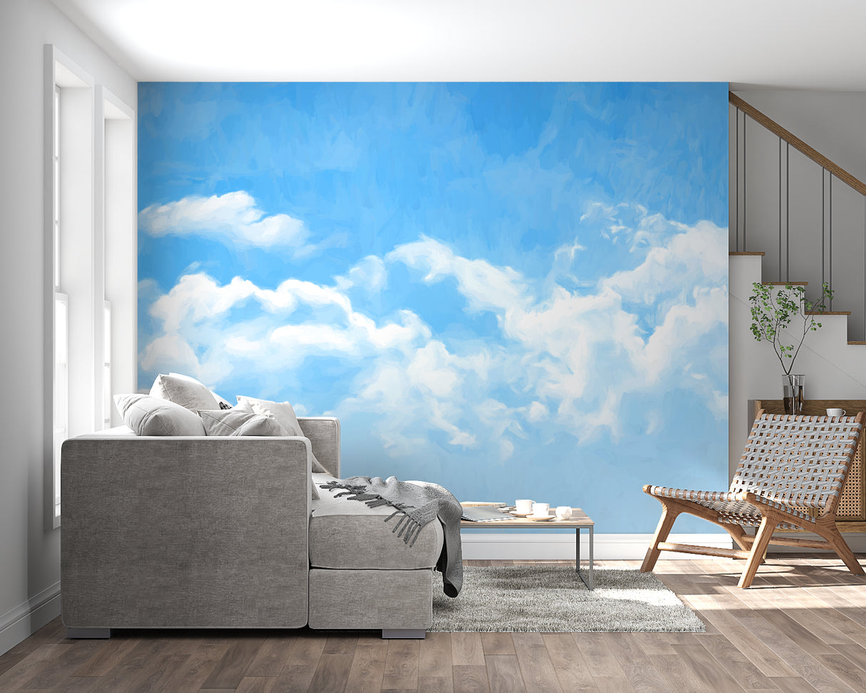 Blue sky wallpaper installation in dining room with natural light