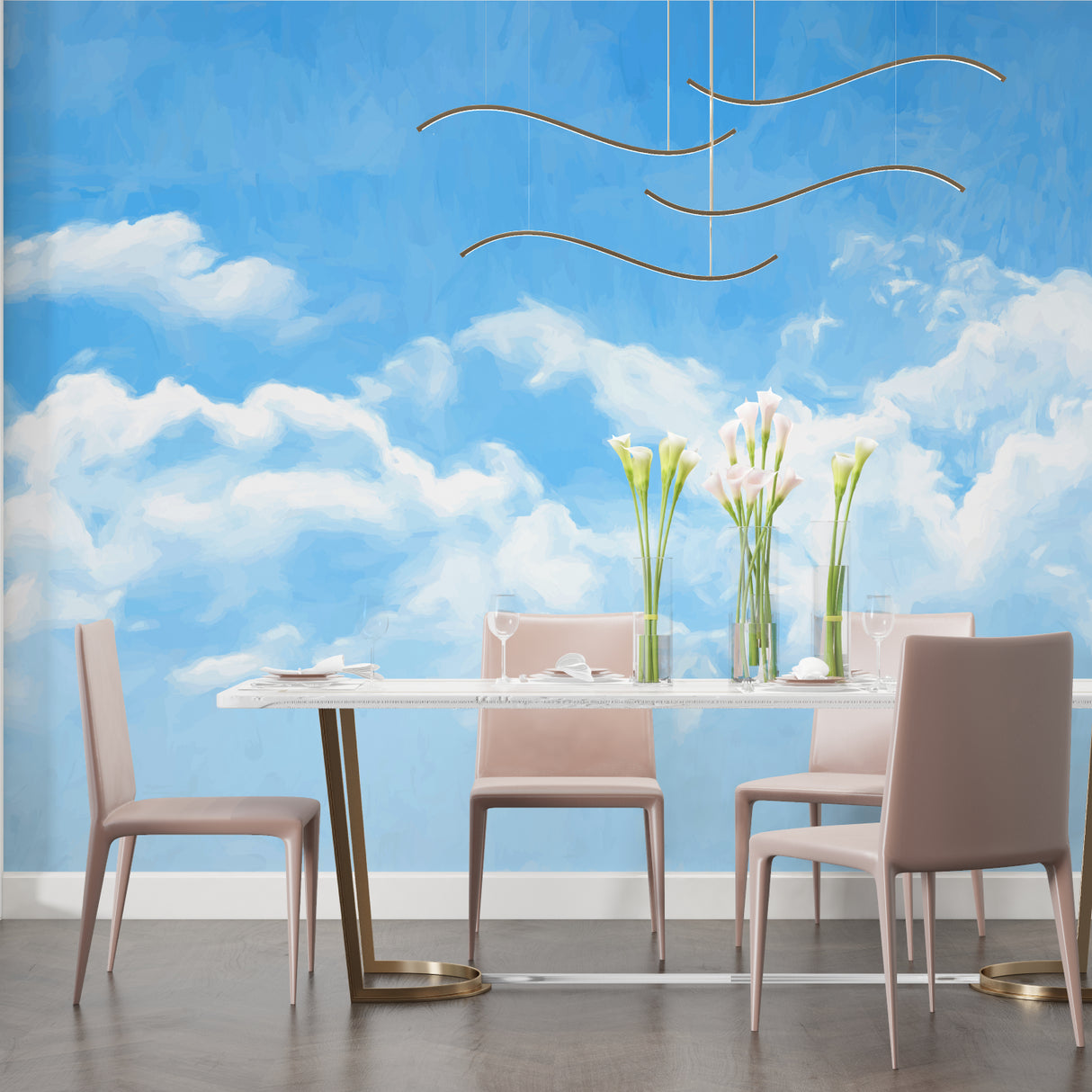 Cloud mural creating calming atmosphere in children's playroom