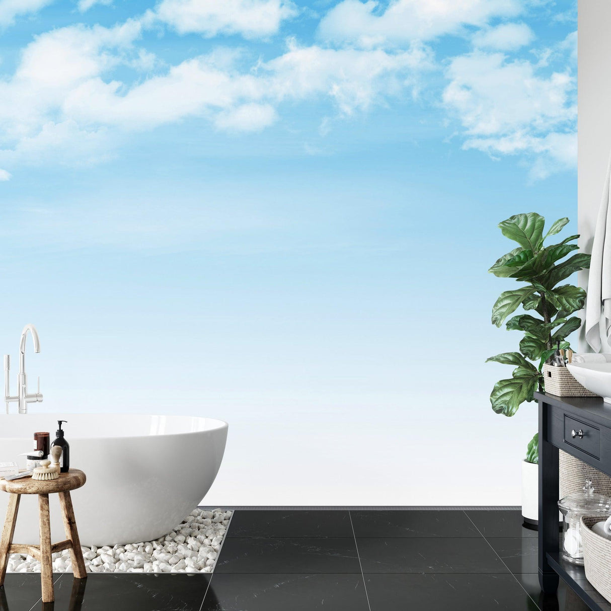 Cloud wallpaper mural brightening a cozy bedroom with white furniture