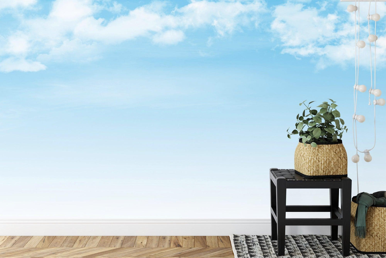 Blue sky wallpaper transforming a home office with floating clouds