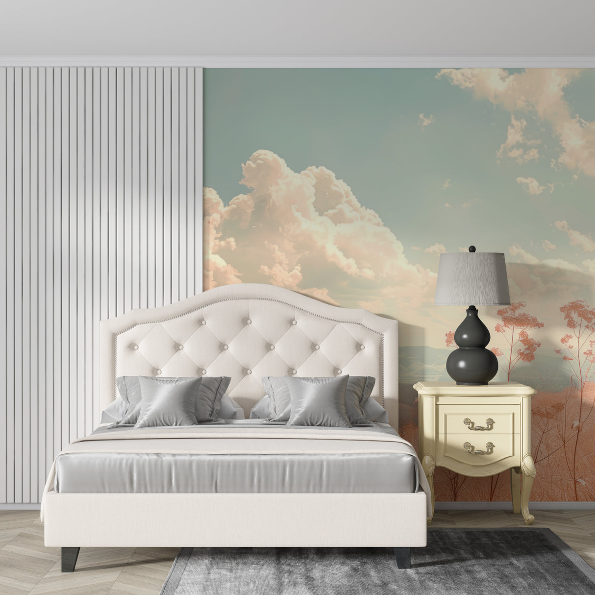 Sky mural wallpaper with pink clouds and flowers creating a cozy atmosphere in a modern living room