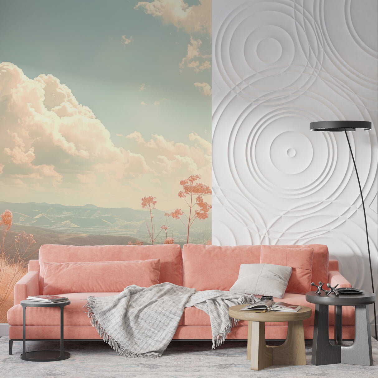 Dreamy cloud wallpaper with pink flowers brightening a nursery with natural light