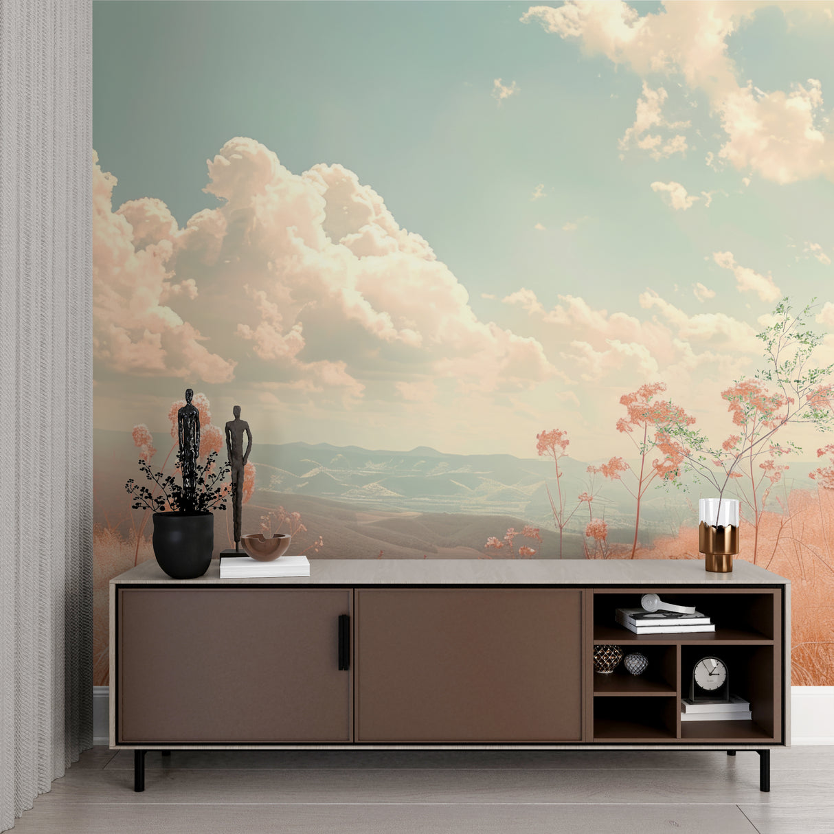 Pink cloud mural wallpaper making a bedroom feel open and airy