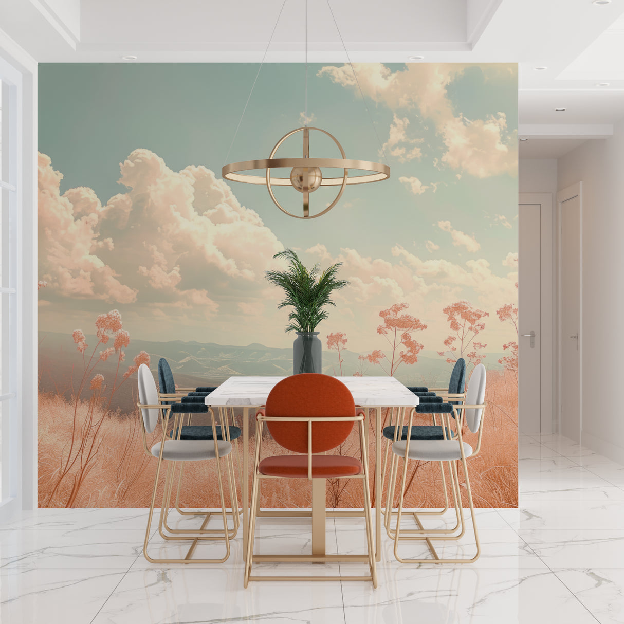 Floral sky wallpaper adding soft color to a home office space