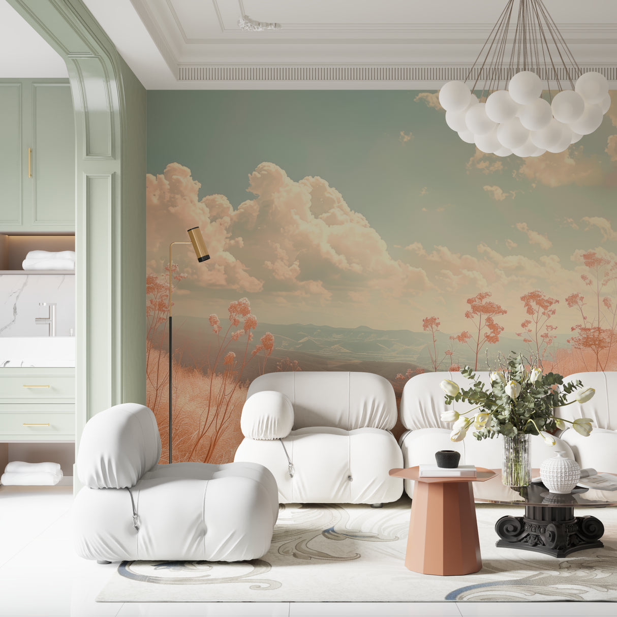Cloud and flower mural creating a peaceful reading nook