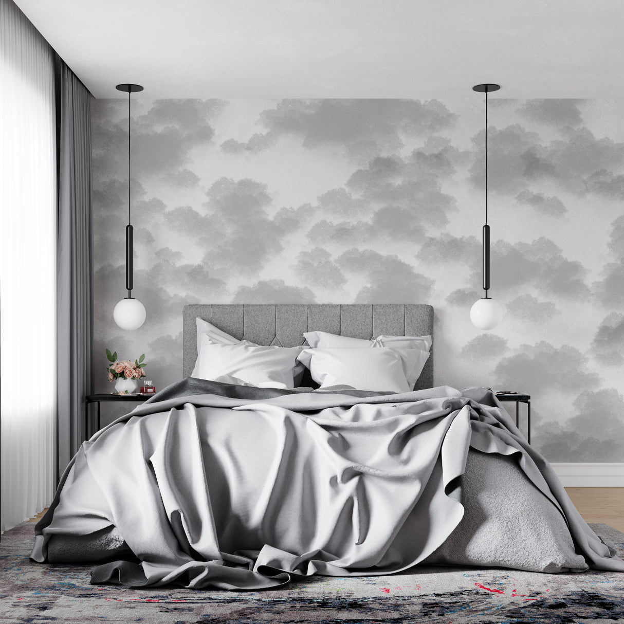 Grey cloud wallpaper in modern living room creating peaceful atmosphere