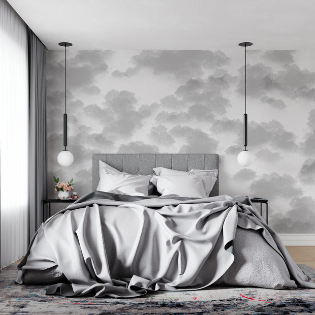 Grey cloud wallpaper in modern living room creating peaceful atmosphere