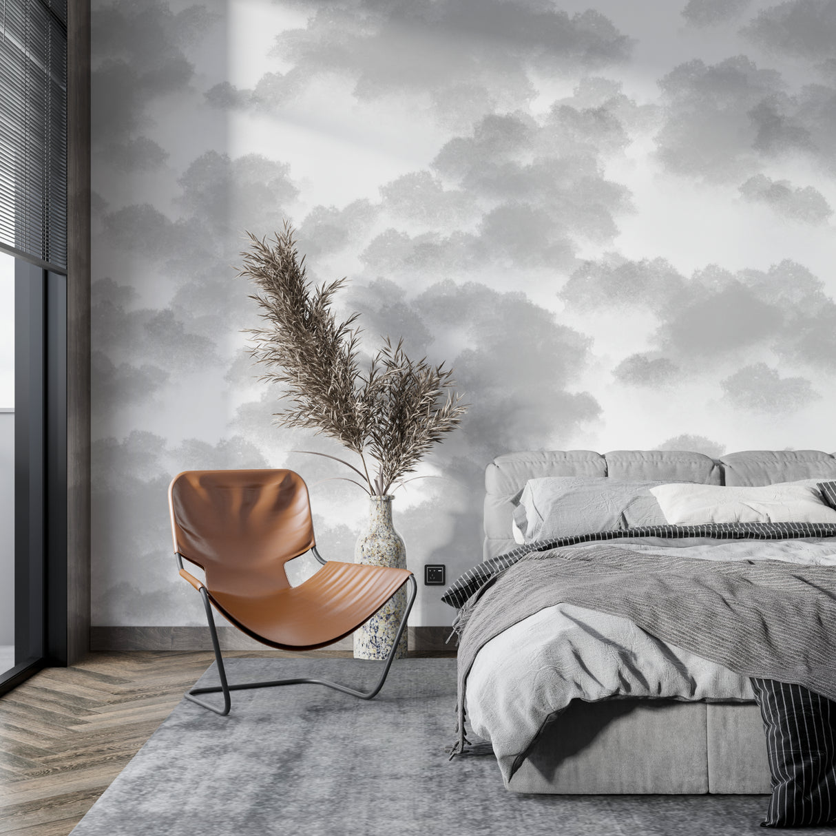 Cloud mural wallpaper transforming bedroom into calm retreat