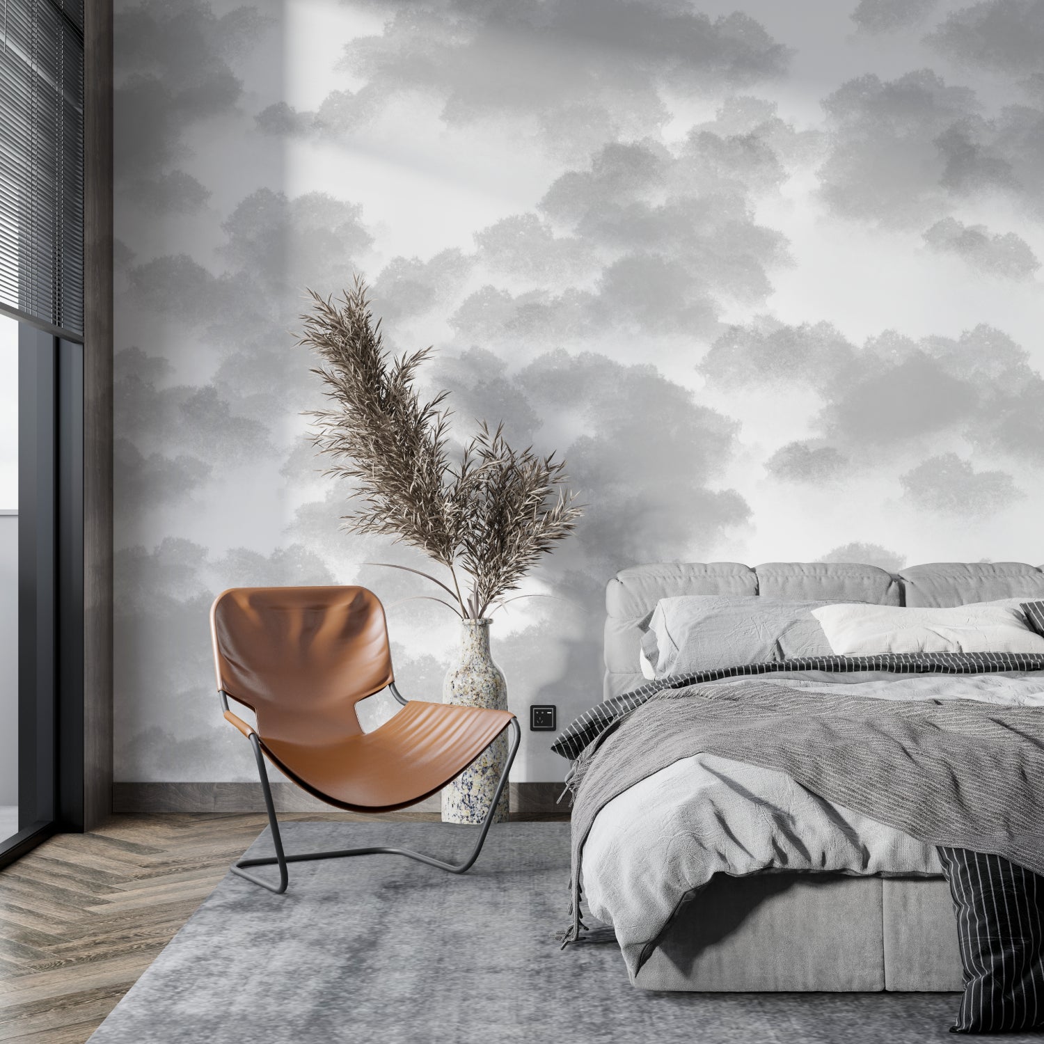 Cloud mural wallpaper transforming bedroom into calm retreat