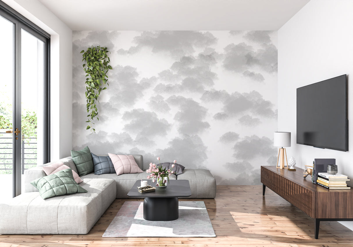 Grey sky wallpaper adding depth to home office space