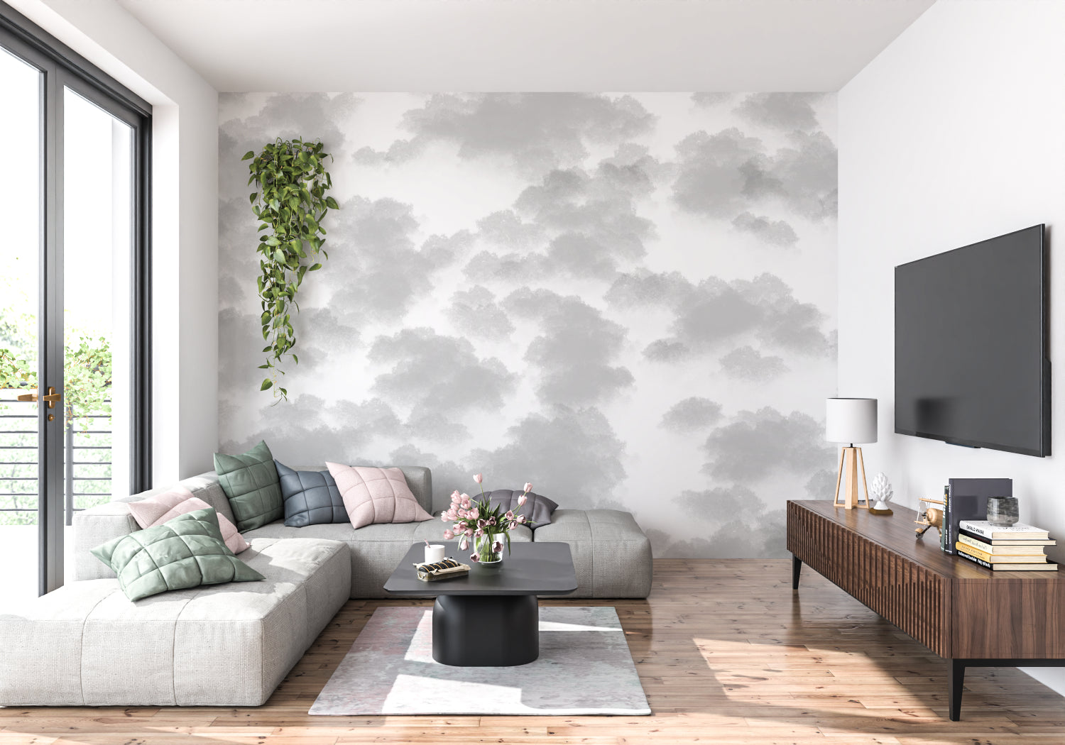 Grey sky wallpaper adding depth to home office space