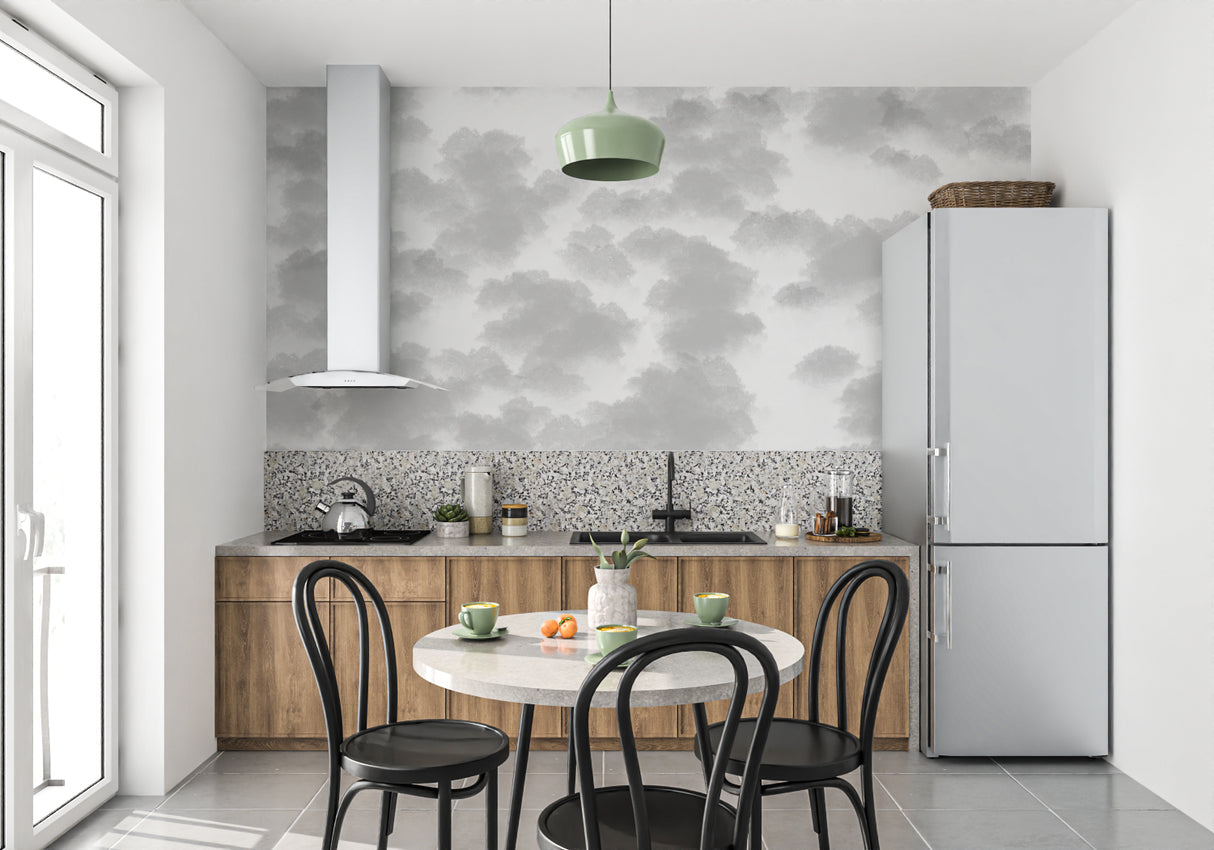 Dreamy cloud wallpaper enhancing dining room ambiance
