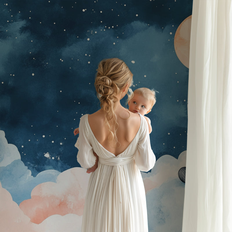 Night sky mural wallpaper creating dreamy atmosphere in teenage bedroom