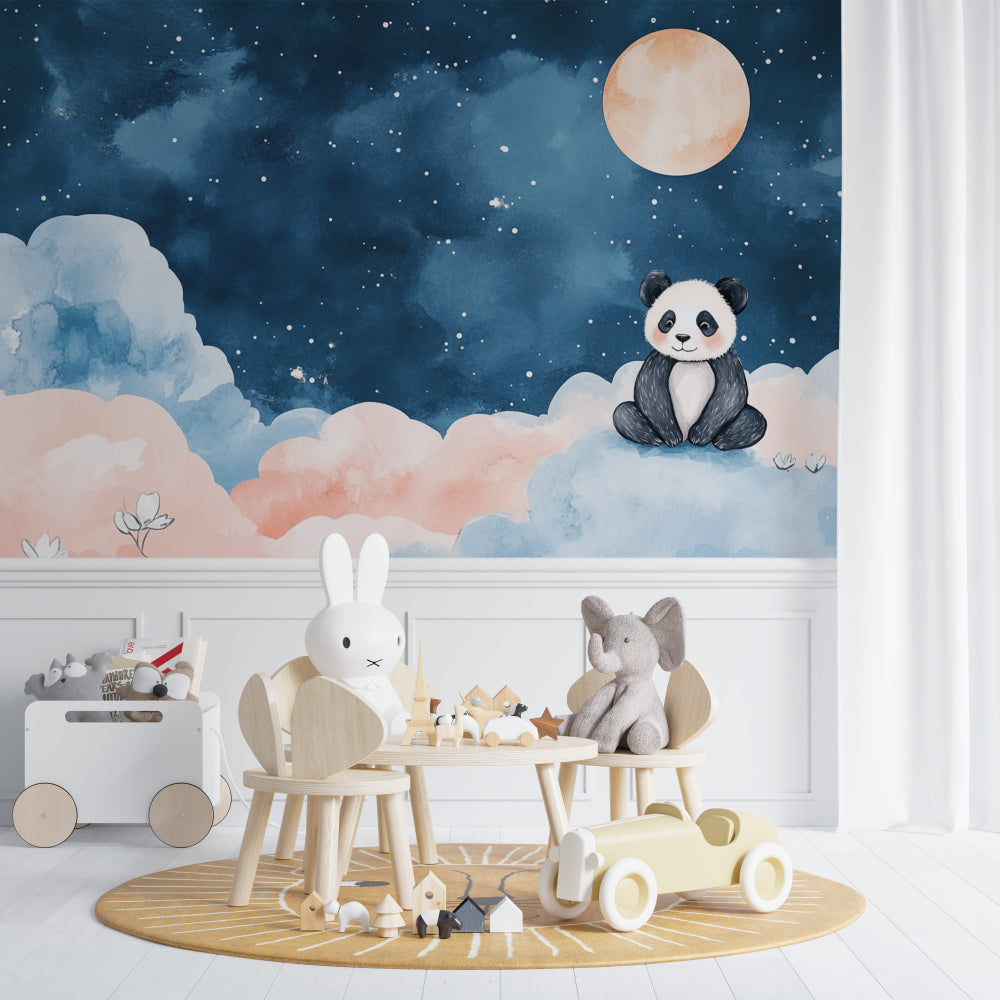 Pink cloud wallpaper with stars in modern baby room with white furniture