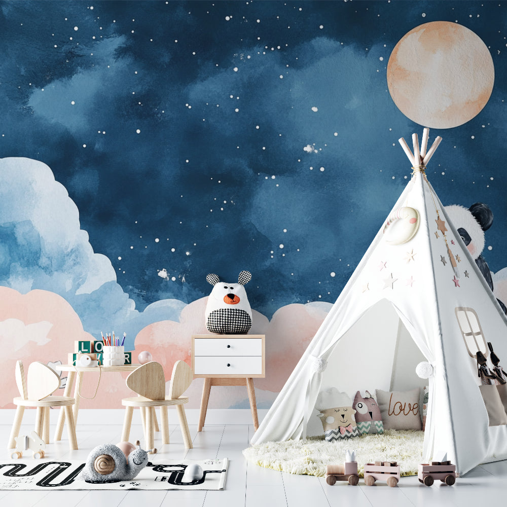 Moon and stars mural in reading nook with comfortable window seat