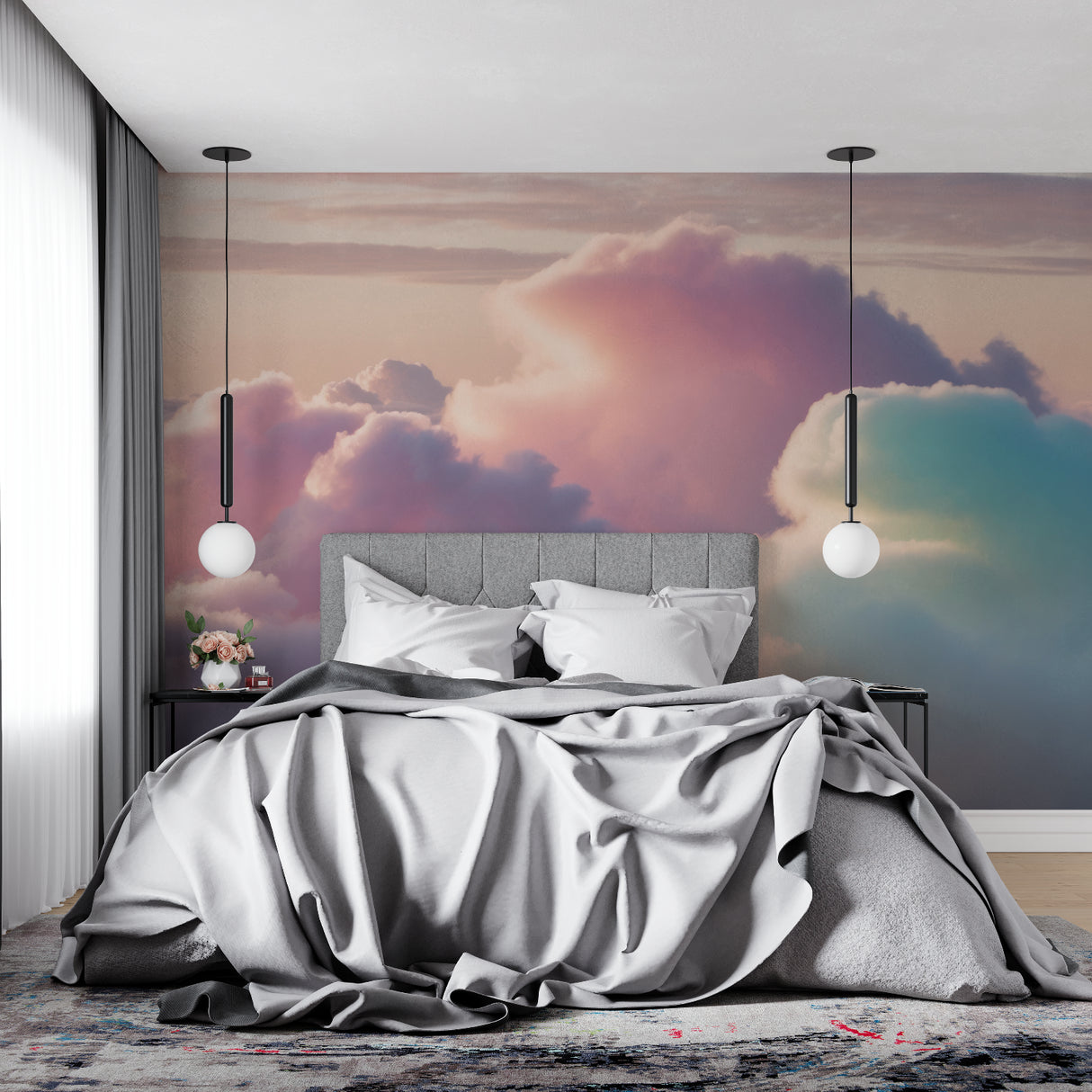 Dreamy cloud wallpaper in a modern nursery creating a peaceful sleeping environment