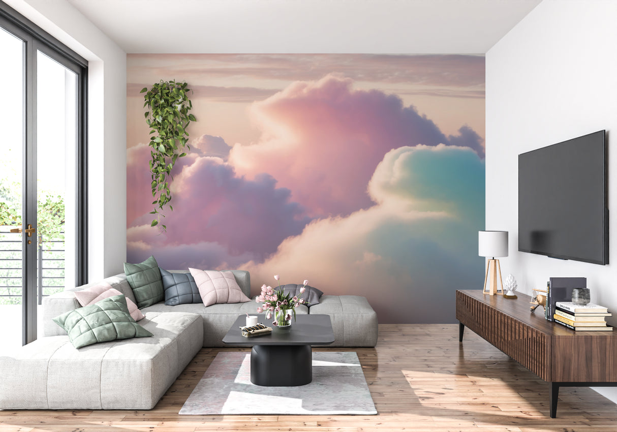 Pastel sunset cloud mural in a teen bedroom showing soft pink and purple tones