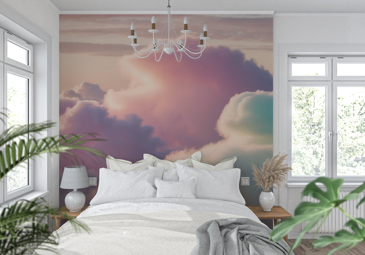 Sky mural wallpaper transforming a home office with calming cloud design