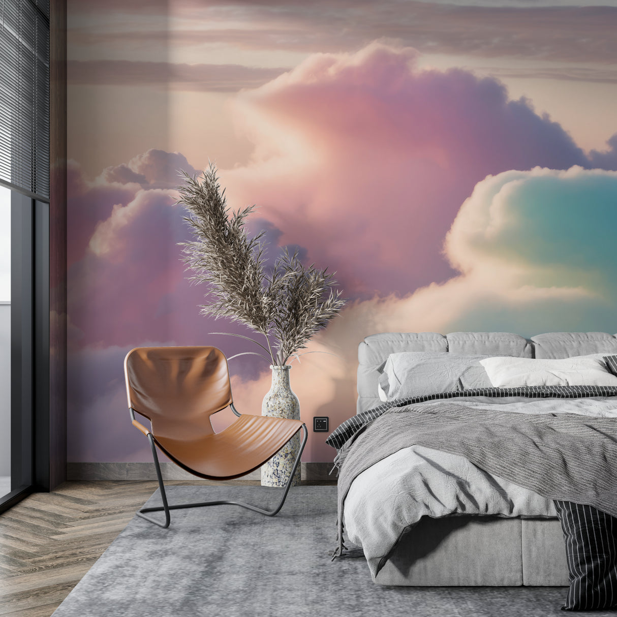 Cloud wallpaper in meditation room showcasing dreamy pastel sunset colors