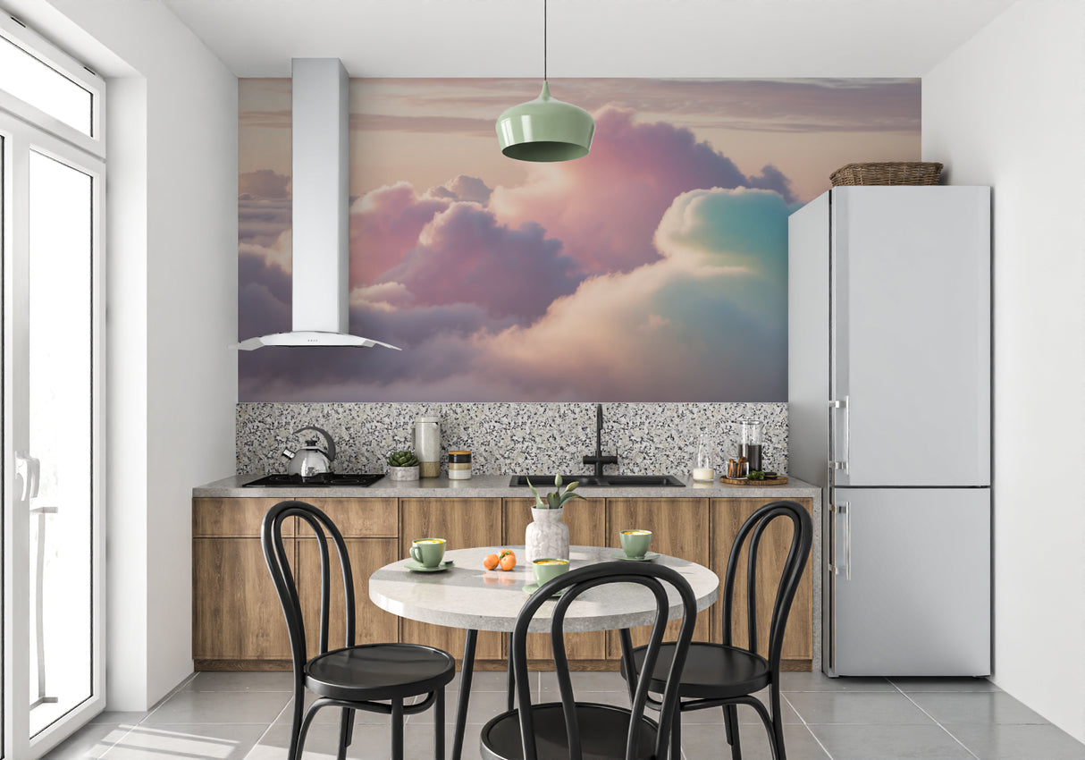 Sunset sky mural bringing warmth to a living room space
