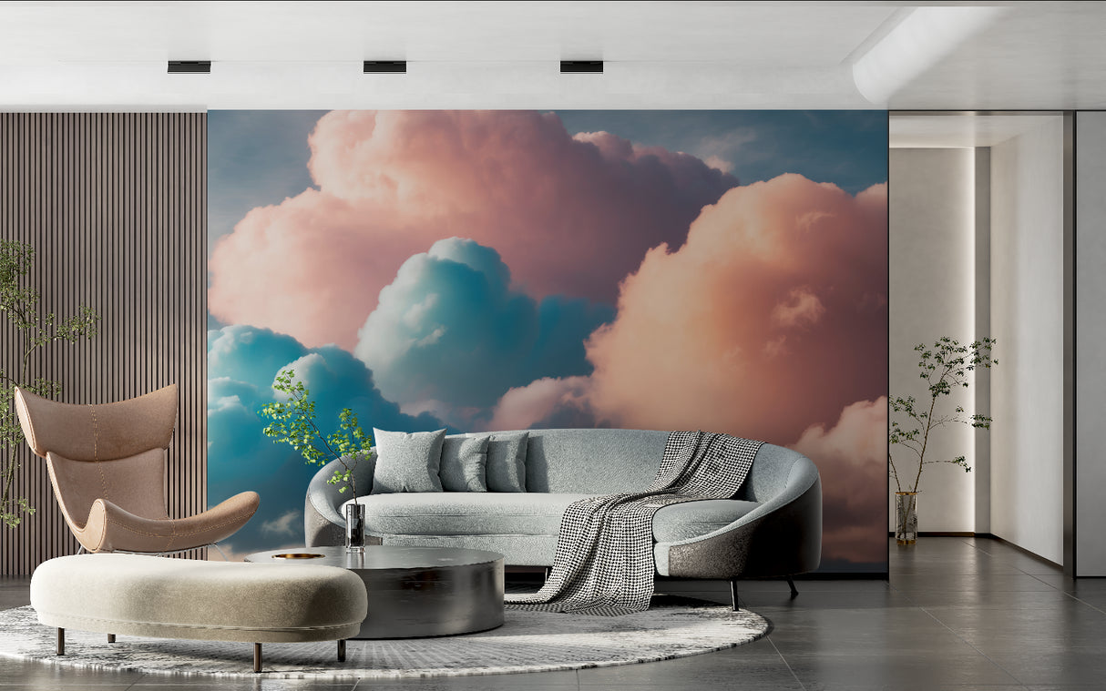 Pink and blue cloud mural wallpaper creating a soft, dreamy atmosphere in a modern bedroom