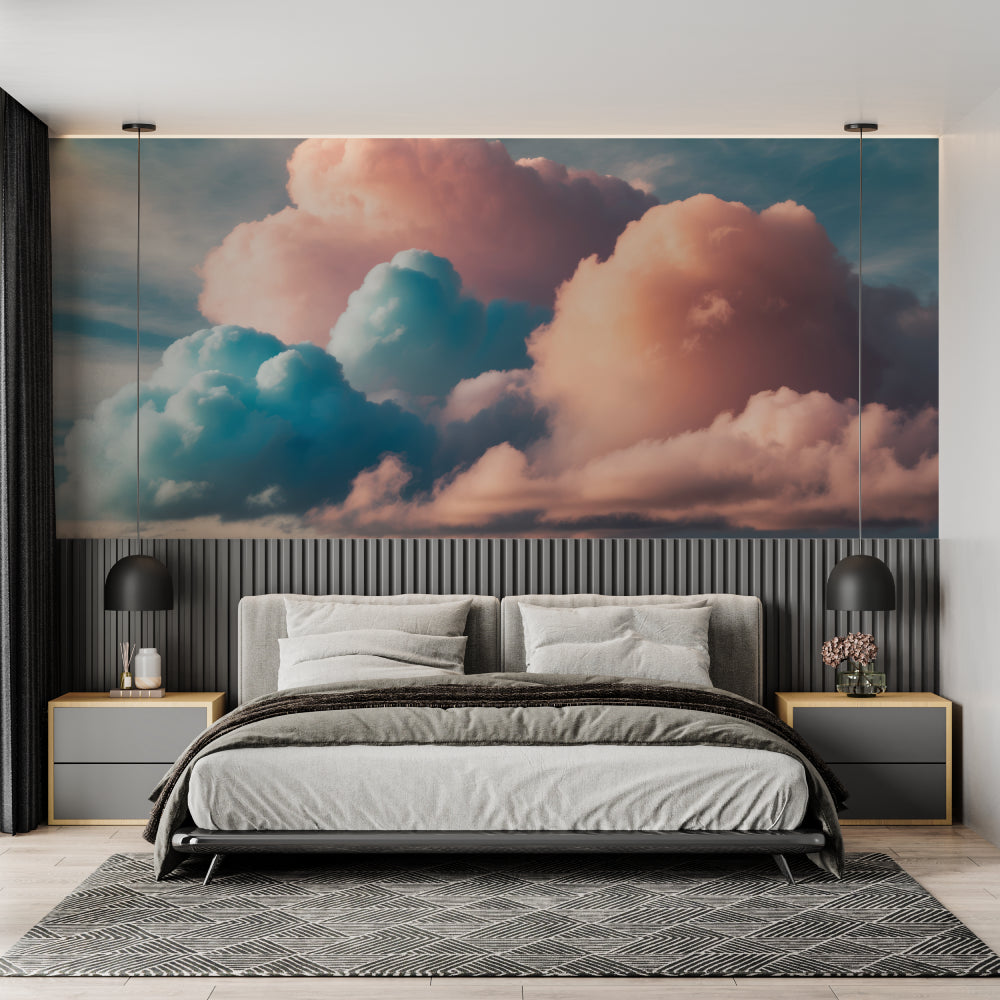 Cloud wallpaper mural adding depth to a cozy nursery with natural lighting