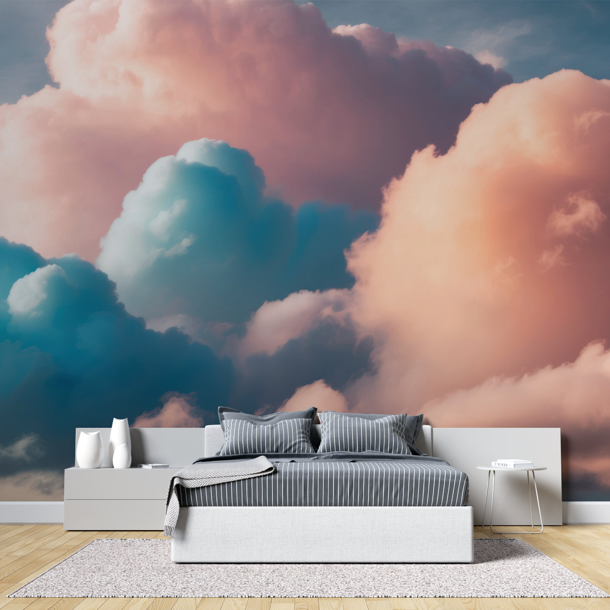 Dreamy sky mural transforming a living room with soft pink and blue tones