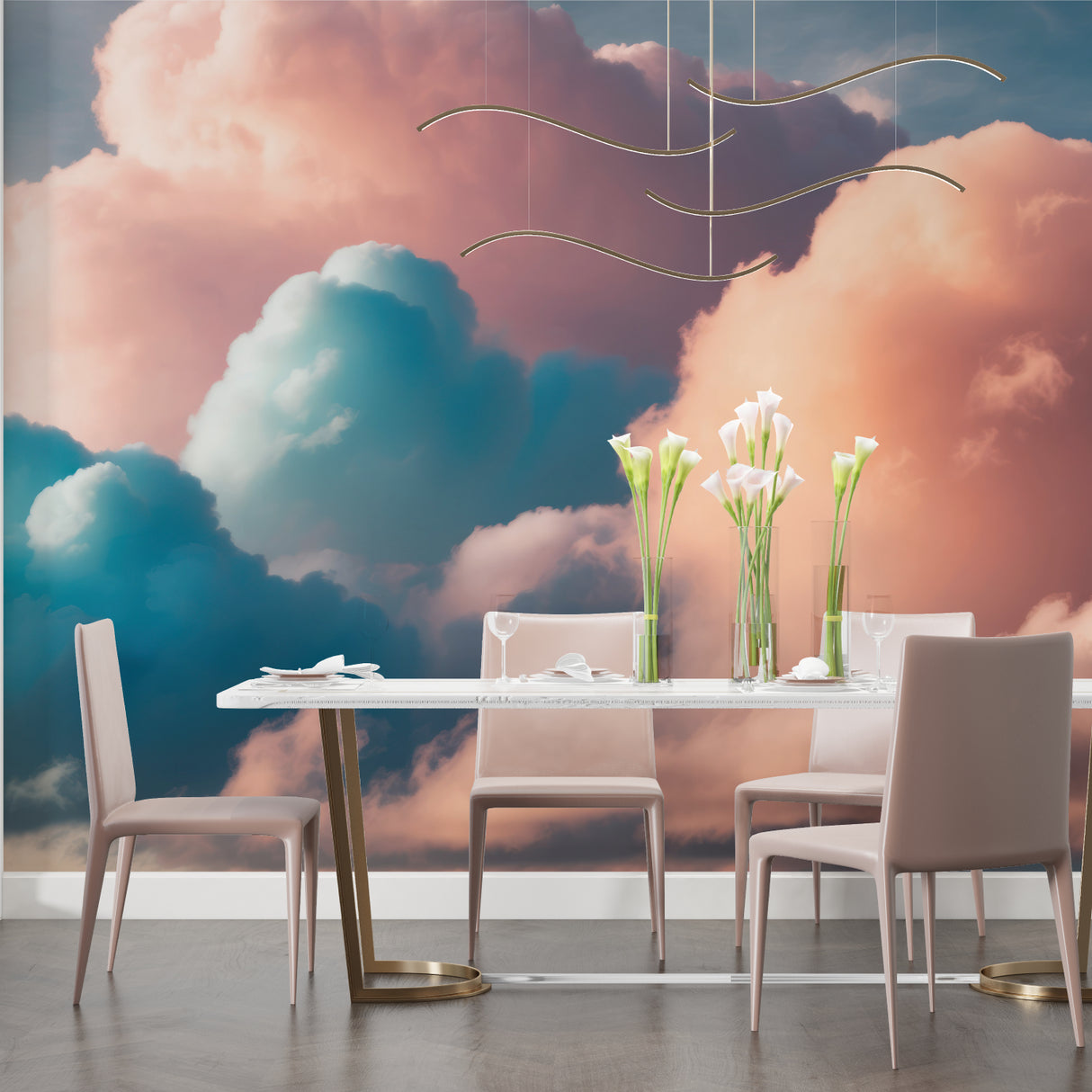 Pink cloud wallpaper bringing serenity to a home office space