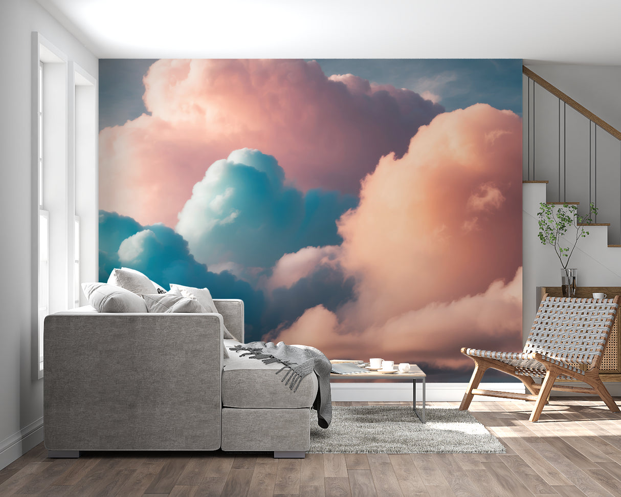 Sky mural creating a peaceful atmosphere in a meditation room