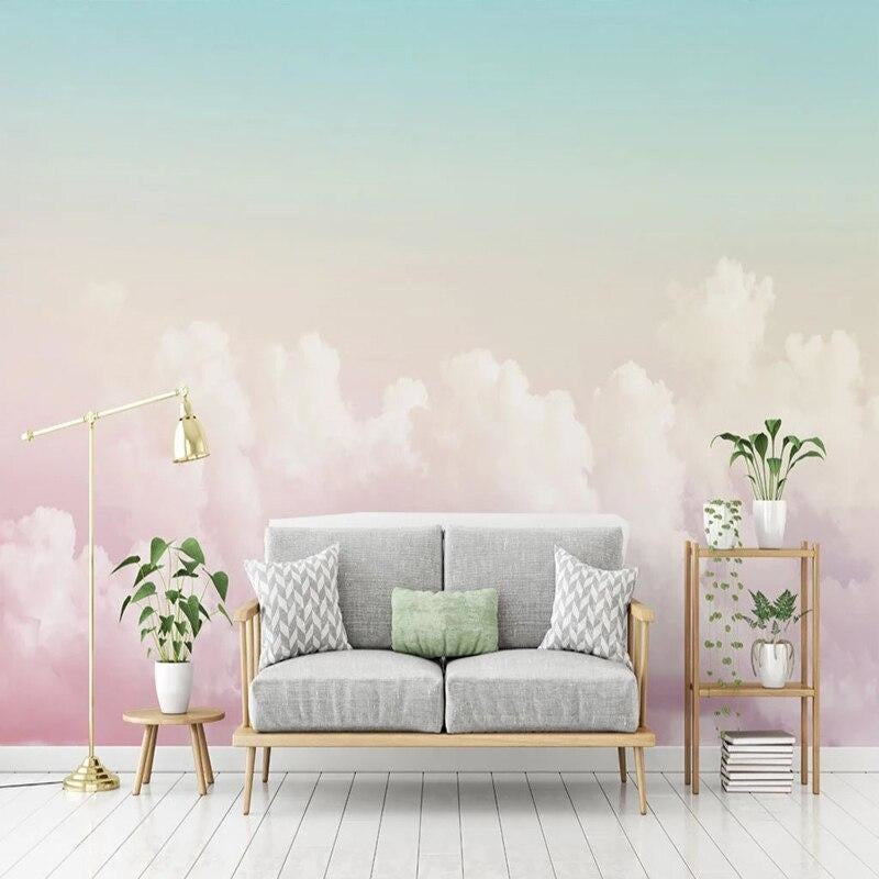 Cloud wallpaper transforming a home office with its mint to pink gradient