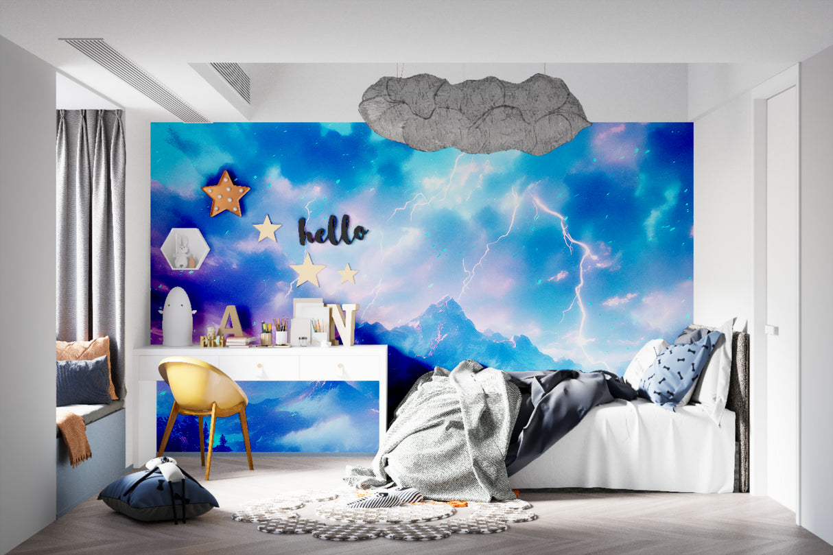 Lightning storm wallpaper mural in modern living room, dramatic blue and purple sky design creating focal point