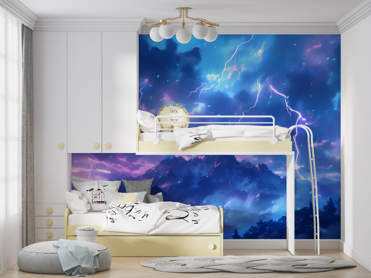 Electric storm wall mural in home office space, moody sky backdrop with lightning bolts
