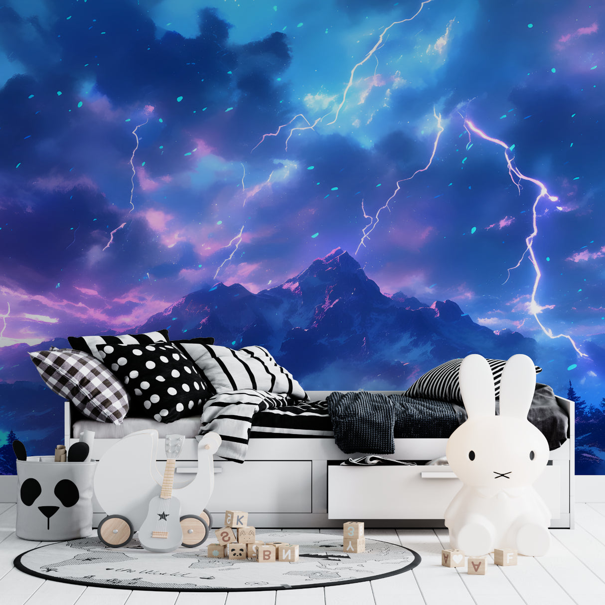 Storm sky wallpaper in teen bedroom, dramatic lightning display against dark clouds