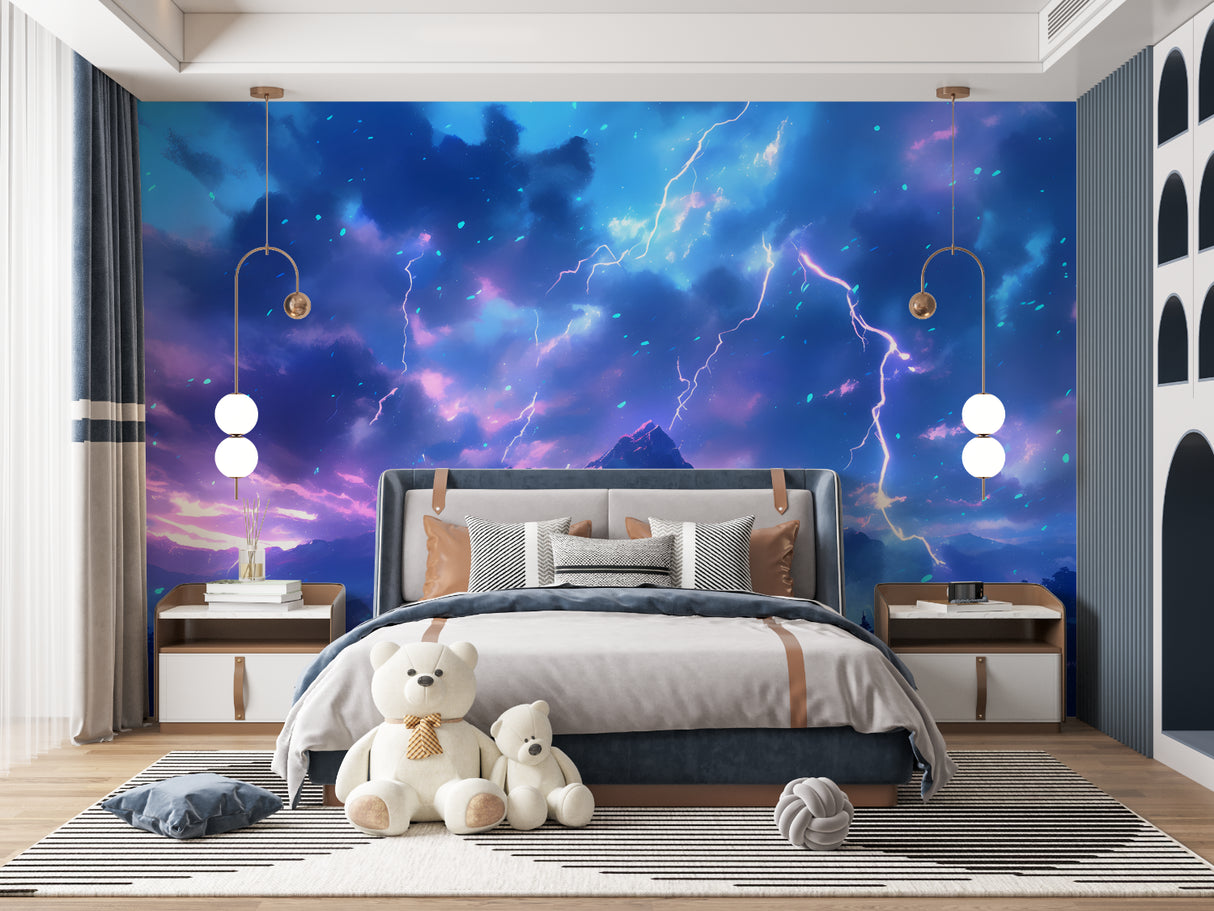 Lightning mural wallpaper in gaming room, electric blue storm creating immersive atmosphere